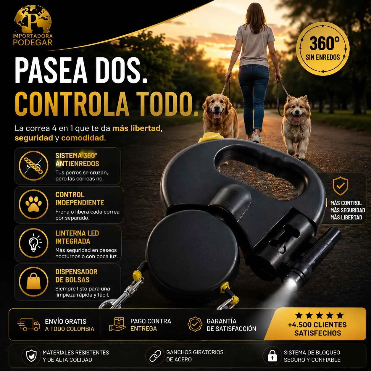 🐾 DuoWalk Pro™ | Correa Retráctil 4 en 1 Con Linterna y Dispensador