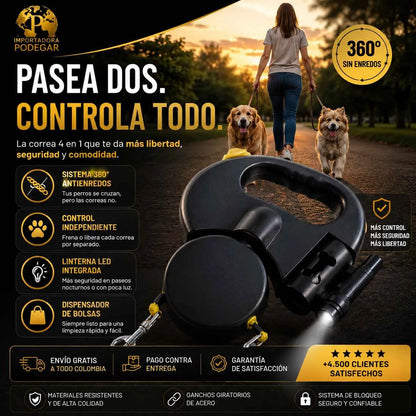 🐾 DuoWalk Pro™ | Correa Retráctil 4 en 1 Con Linterna y Dispensador